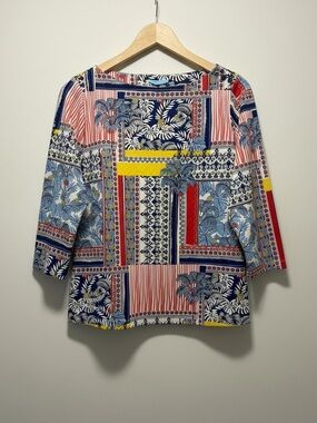 J. McLaughlin Patchwork Tropical Boatneck Blouse 3/4 Sleeve